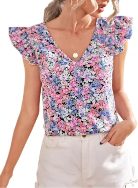 WDIRARA Women's Floral Embroidery Round Neck Ruffle Cap Sleeve Top Summer Casual Blouse