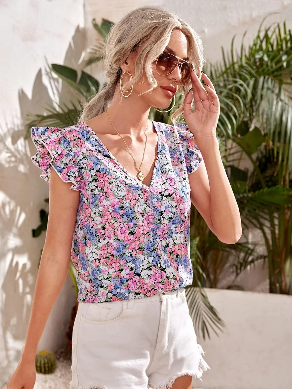 WDIRARA Women's Floral Embroidery Round Neck Ruffle Cap Sleeve Top Summer Casual Blouse