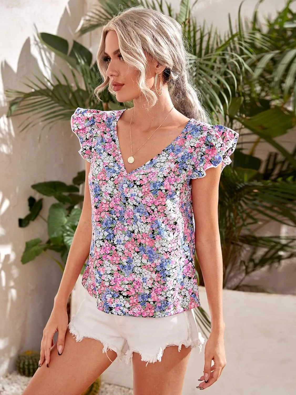 WDIRARA Women's Floral Embroidery Round Neck Ruffle Cap Sleeve Top Summer Casual Blouse