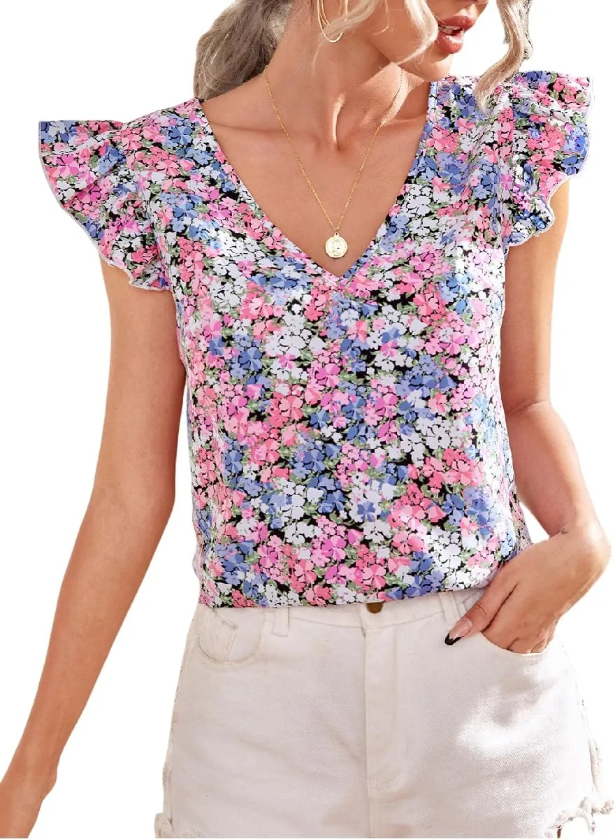 WDIRARA Women's Floral Embroidery Round Neck Ruffle Cap Sleeve Top Summer Casual Blouse