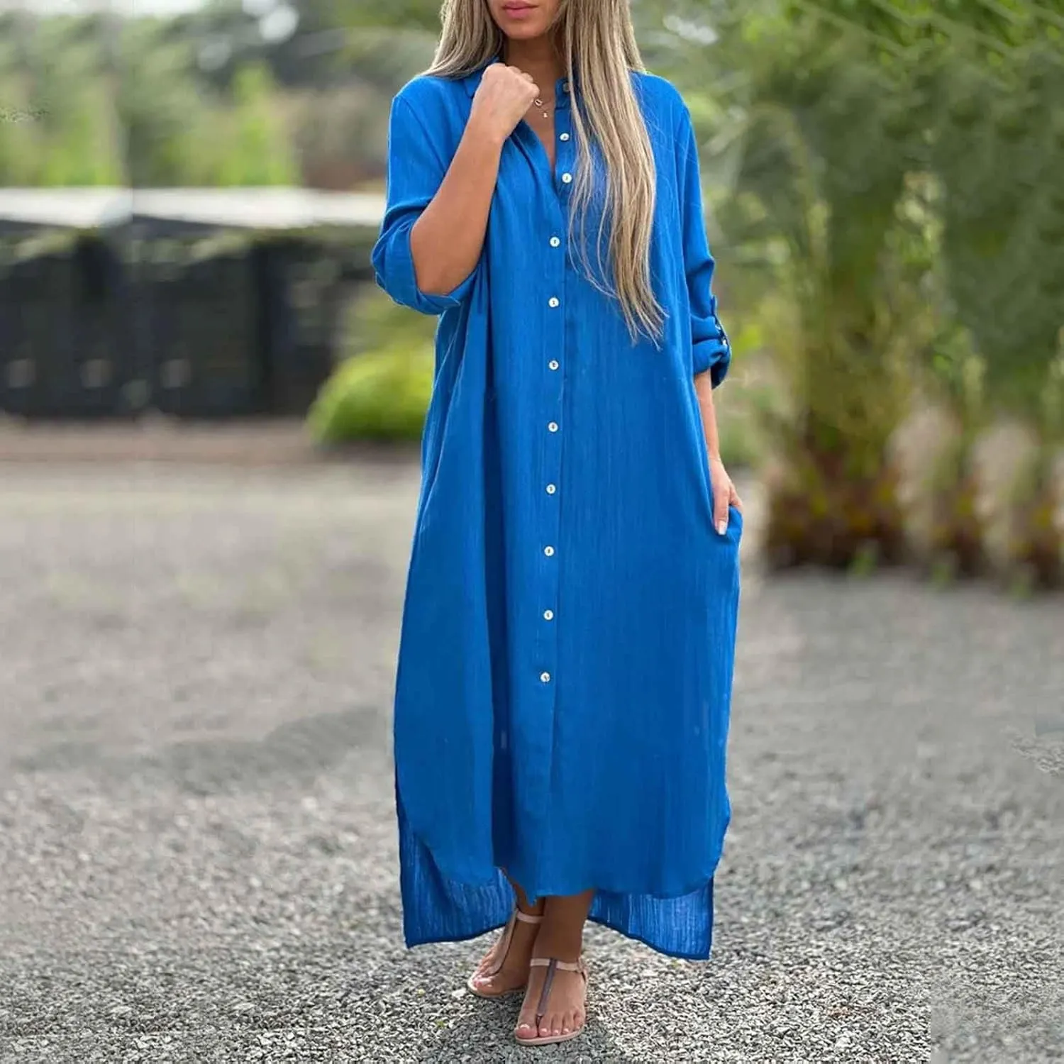 Women Fashion Solid Dress Shirt Long Skirt Casual Long Sleeve Cardigan Dress K Dresses for Women