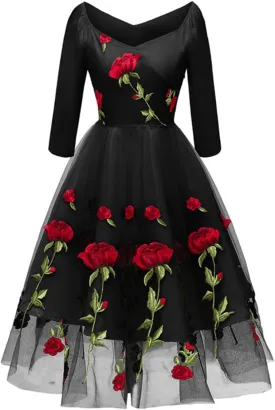 Women Vintage 1950s Embroidered Off Shoulder 3/4 Sleeves Flower Rose Wedding Cocktail Party Swing Gatsby Evening Short Gown