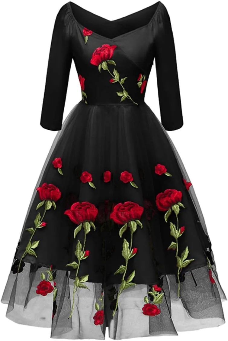 Women Vintage 1950s Embroidered Off Shoulder 3/4 Sleeves Flower Rose Wedding Cocktail Party Swing Gatsby Evening Short Gown