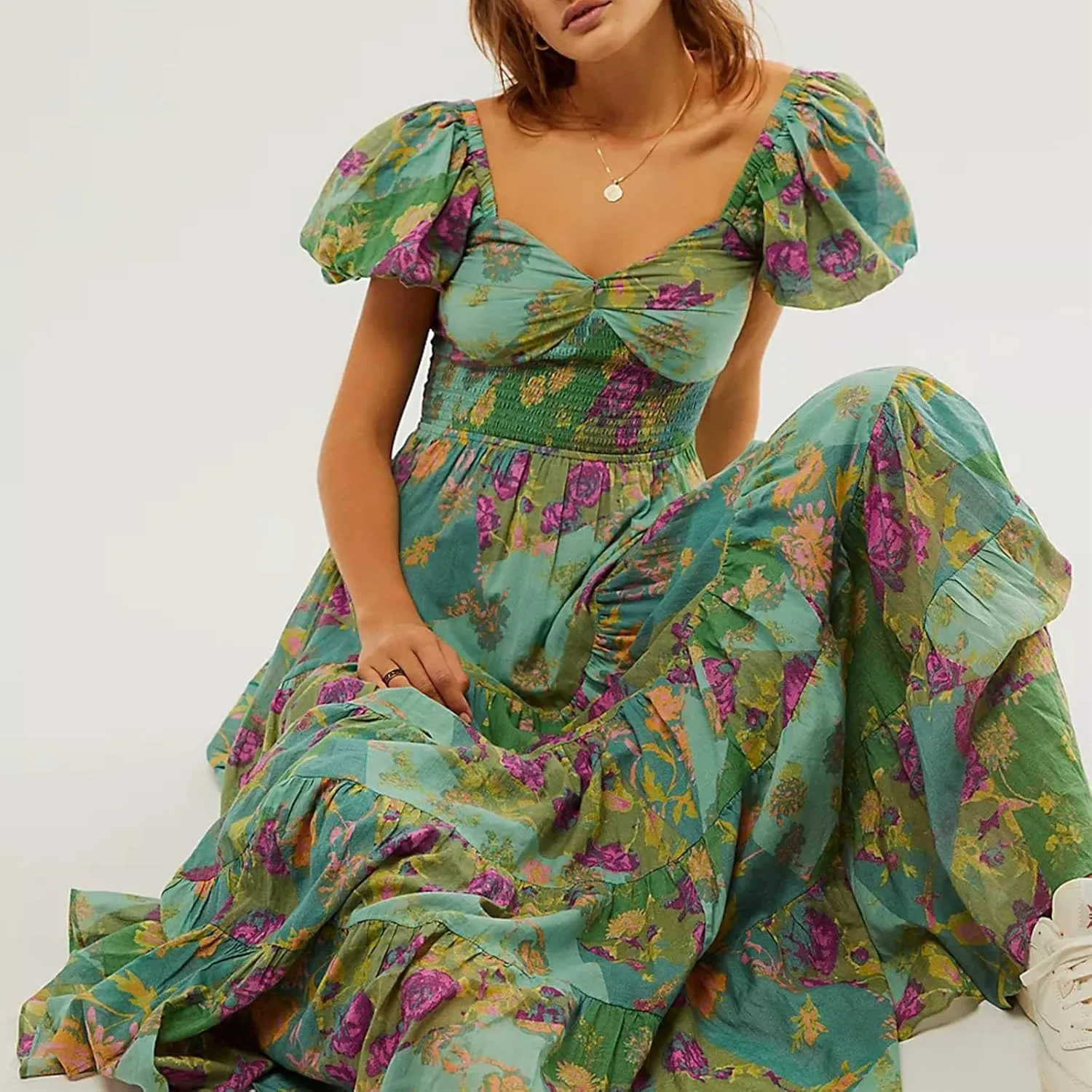 Women Y2k Boho Maxi Dress Puff Sleeve Sweetheart Y2K Floral Maxi Dress Flowy Smocked Ruffle Tiered Sundresses
