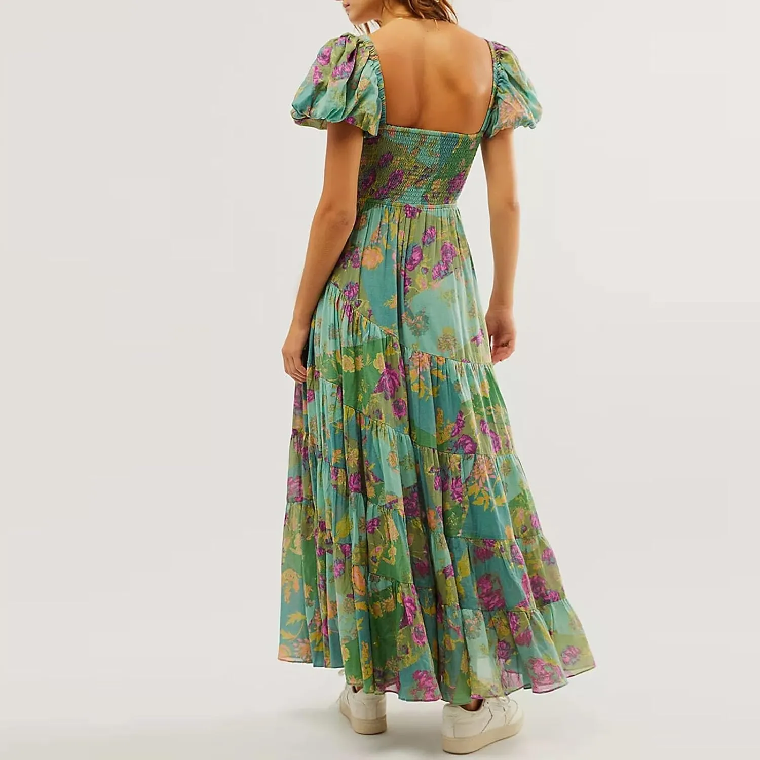 Women Y2k Boho Maxi Dress Puff Sleeve Sweetheart Y2K Floral Maxi Dress Flowy Smocked Ruffle Tiered Sundresses