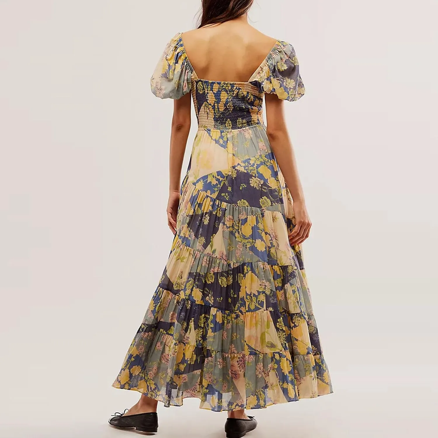 Women Y2k Boho Maxi Dress Puff Sleeve Sweetheart Y2K Floral Maxi Dress Flowy Smocked Ruffle Tiered Sundresses