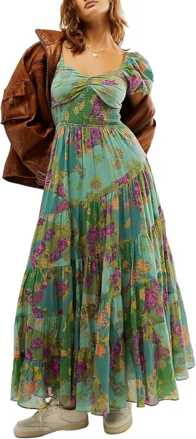 Women Y2k Boho Maxi Dress Puff Sleeve Sweetheart Y2K Floral Maxi Dress Flowy Smocked Ruffle Tiered Sundresses