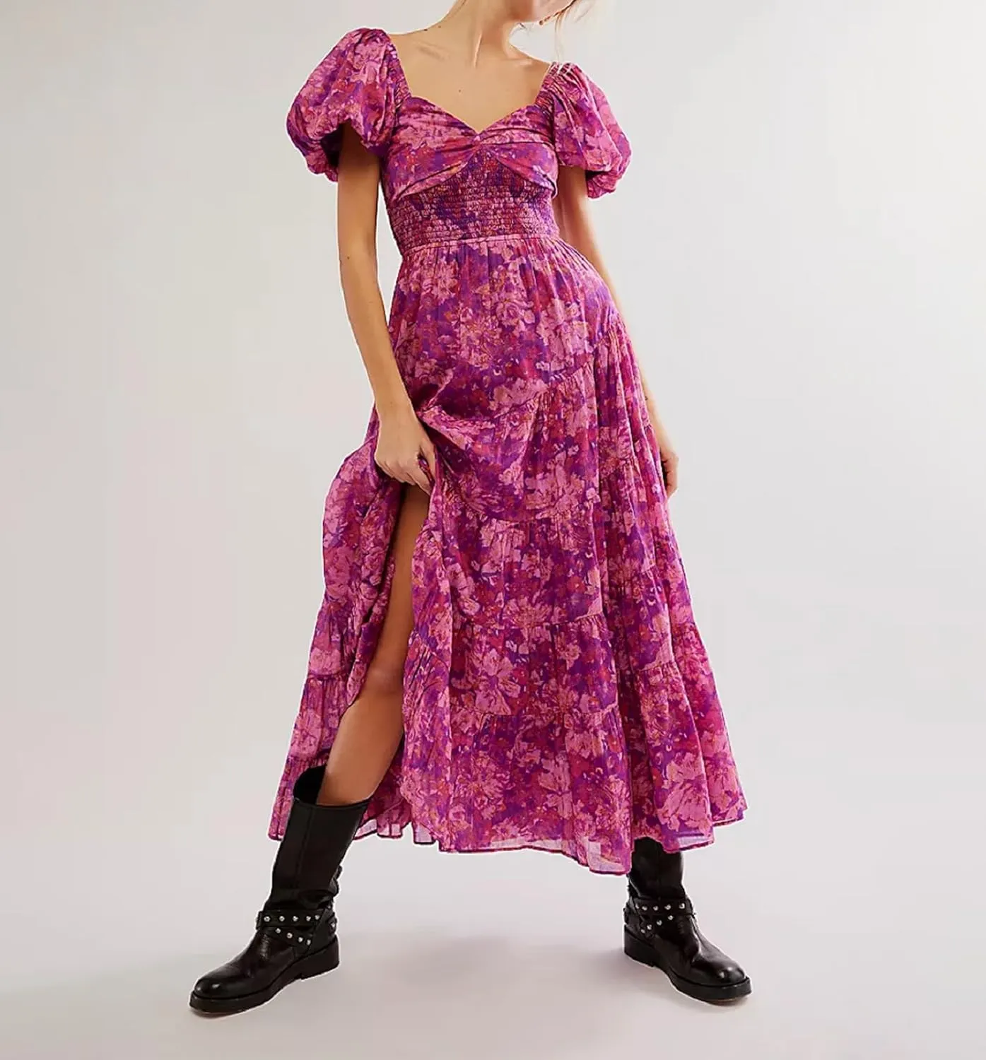 Women Y2k Boho Maxi Dress Puff Sleeve Sweetheart Y2K Floral Maxi Dress Flowy Smocked Ruffle Tiered Sundresses