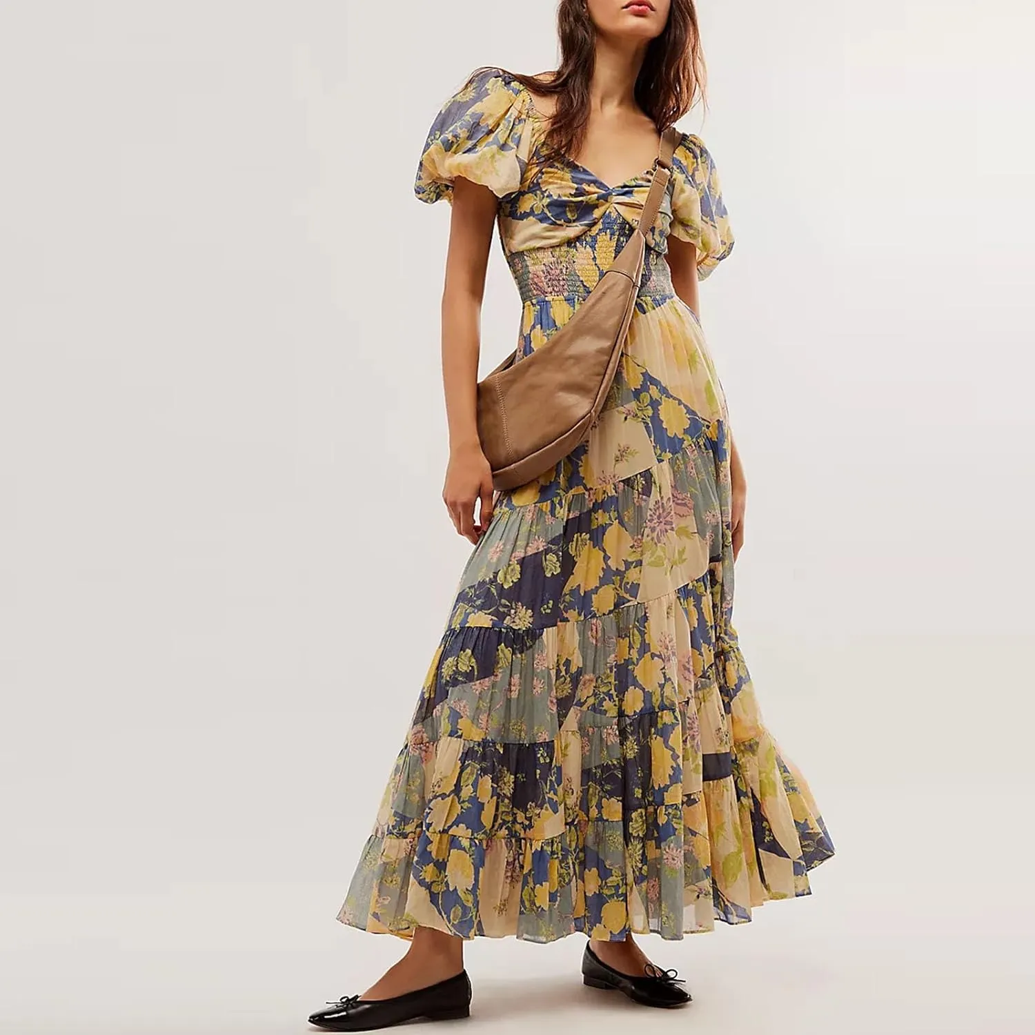 Women Y2k Boho Maxi Dress Puff Sleeve Sweetheart Y2K Floral Maxi Dress Flowy Smocked Ruffle Tiered Sundresses