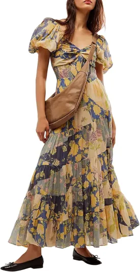 Women Y2k Boho Maxi Dress Puff Sleeve Sweetheart Y2K Floral Maxi Dress Flowy Smocked Ruffle Tiered Sundresses