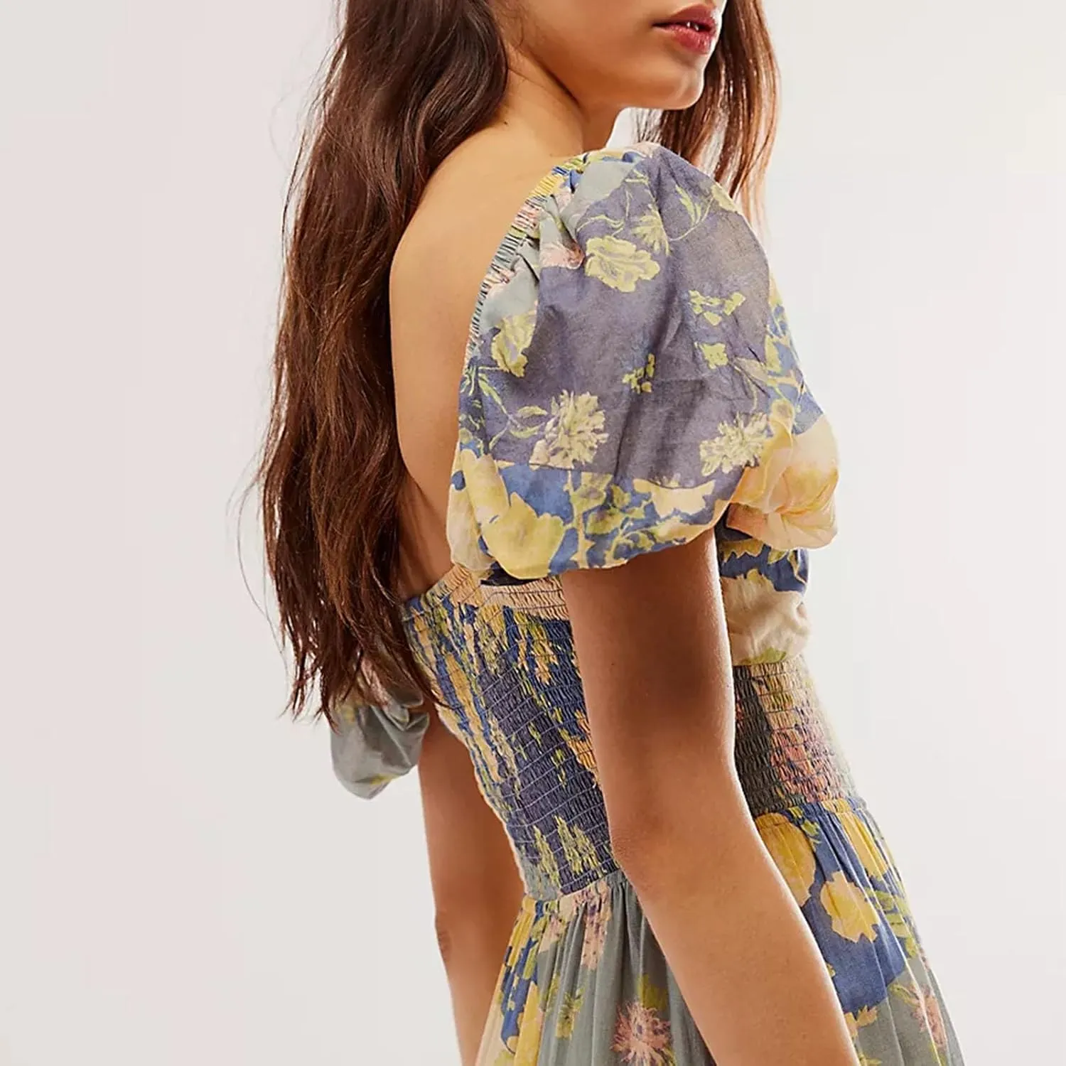 Women Y2k Boho Maxi Dress Puff Sleeve Sweetheart Y2K Floral Maxi Dress Flowy Smocked Ruffle Tiered Sundresses