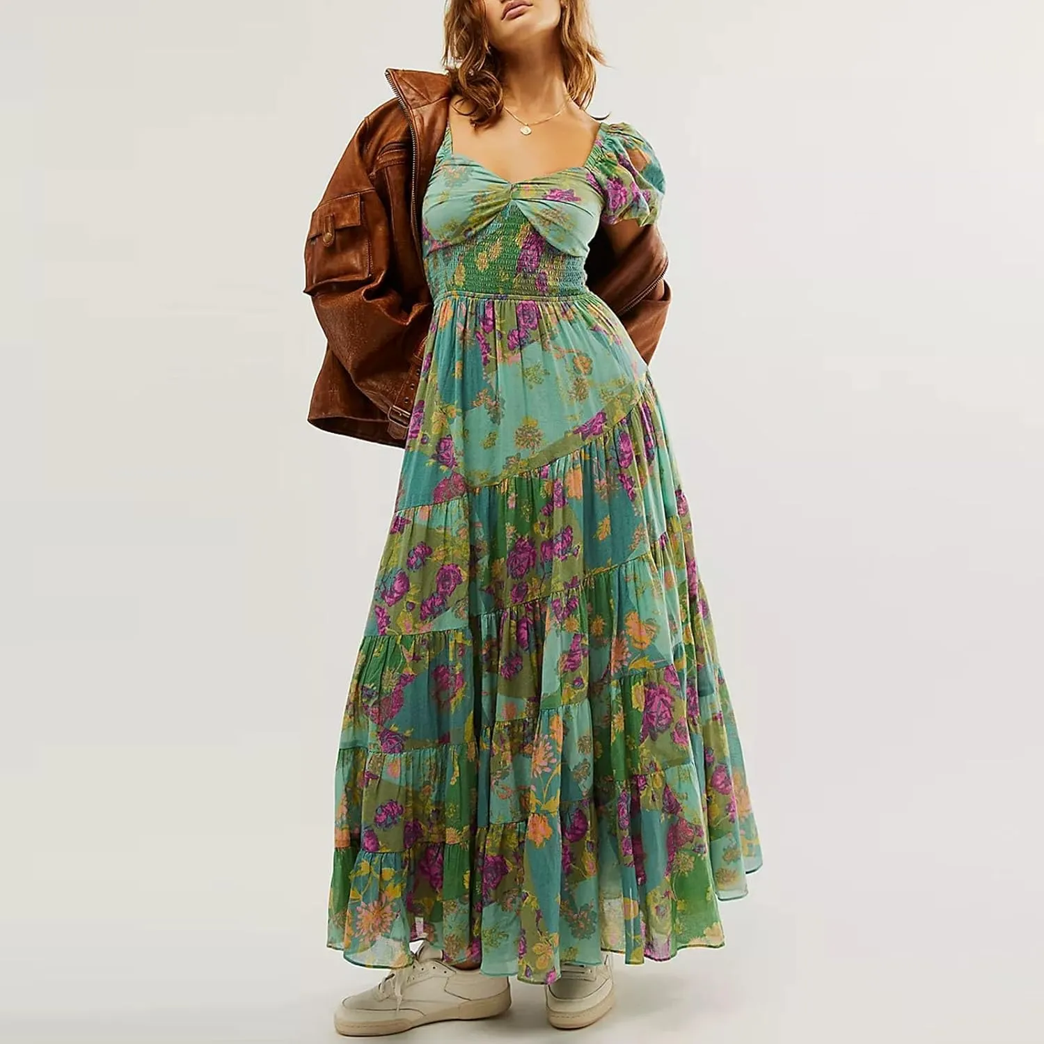 Women Y2k Boho Maxi Dress Puff Sleeve Sweetheart Y2K Floral Maxi Dress Flowy Smocked Ruffle Tiered Sundresses