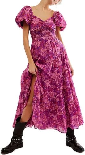 Women Y2k Boho Maxi Dress Puff Sleeve Sweetheart Y2K Floral Maxi Dress Flowy Smocked Ruffle Tiered Sundresses