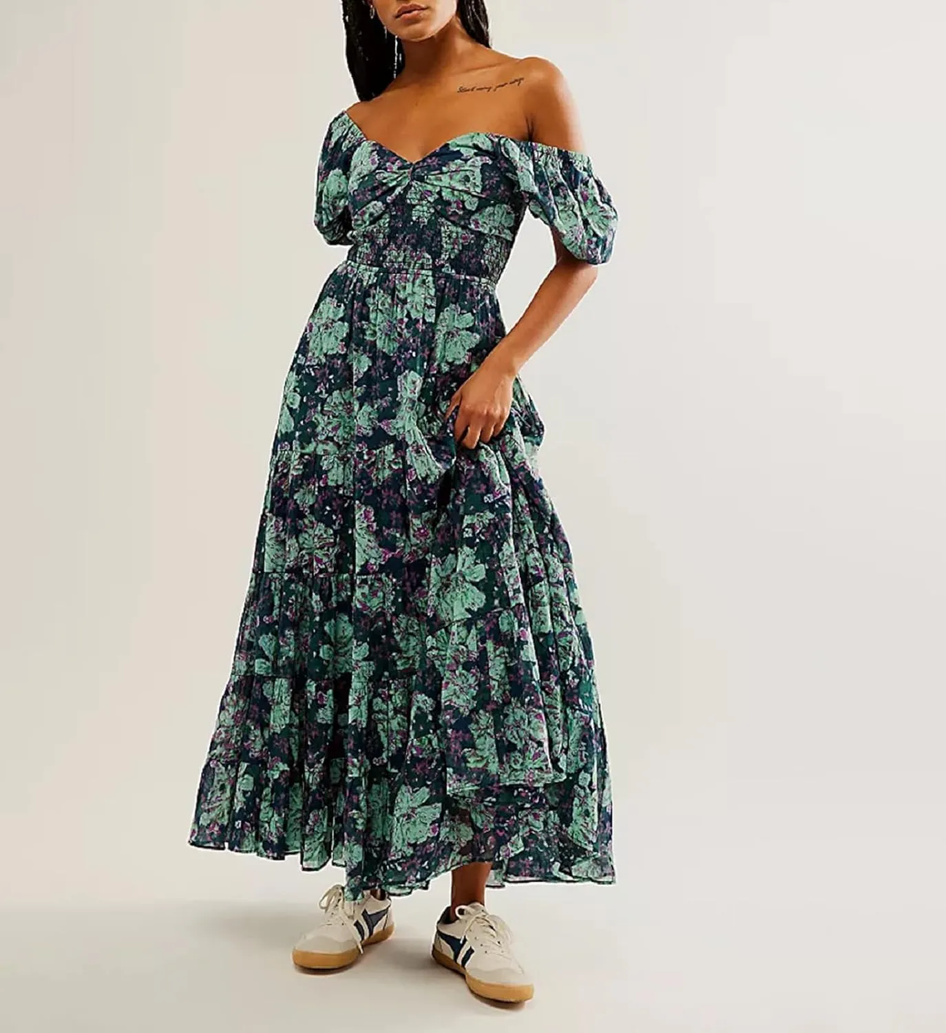 Women Y2k Boho Maxi Dress Puff Sleeve Sweetheart Y2K Floral Maxi Dress Flowy Smocked Ruffle Tiered Sundresses