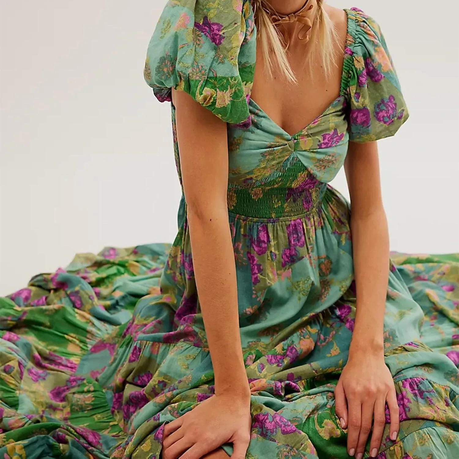 Women Y2k Boho Maxi Dress Puff Sleeve Sweetheart Y2K Floral Maxi Dress Flowy Smocked Ruffle Tiered Sundresses