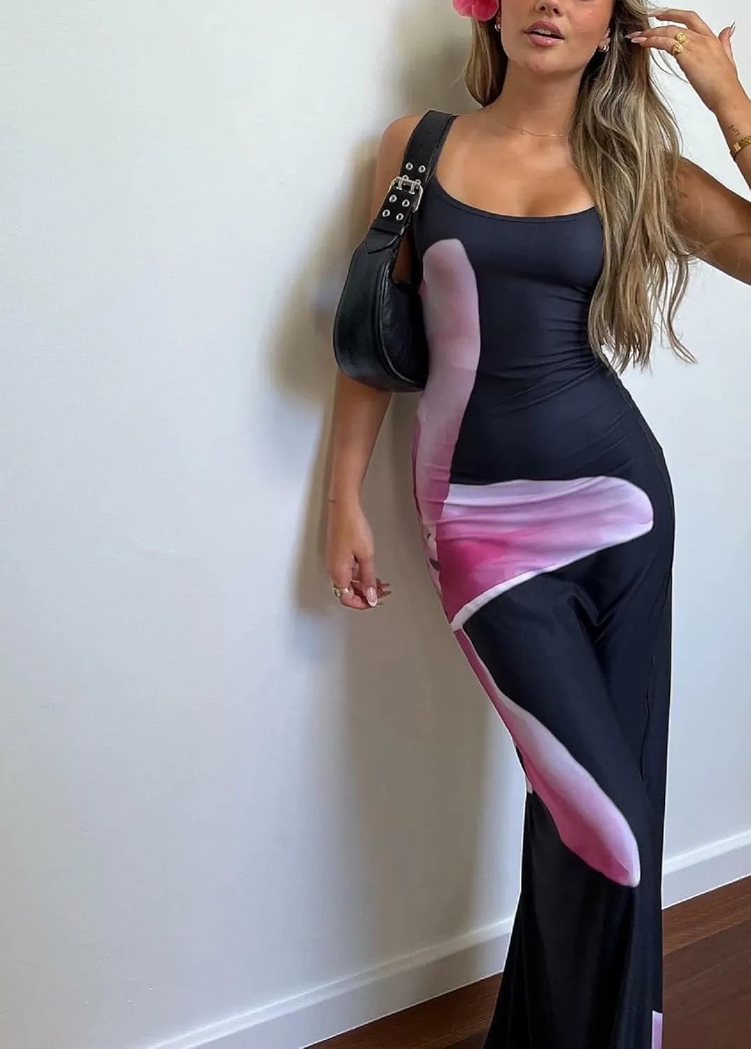 Women Y2k Floral Bodycon Maxi Dress Flower Print Spaghetti Strap Slip Dress Backless Sleeveless Slim Long Dress