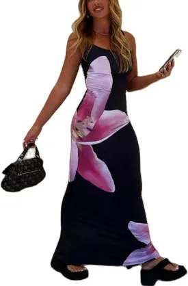 Women Y2k Floral Bodycon Maxi Dress Flower Print Spaghetti Strap Slip Dress Backless Sleeveless Slim Long Dress