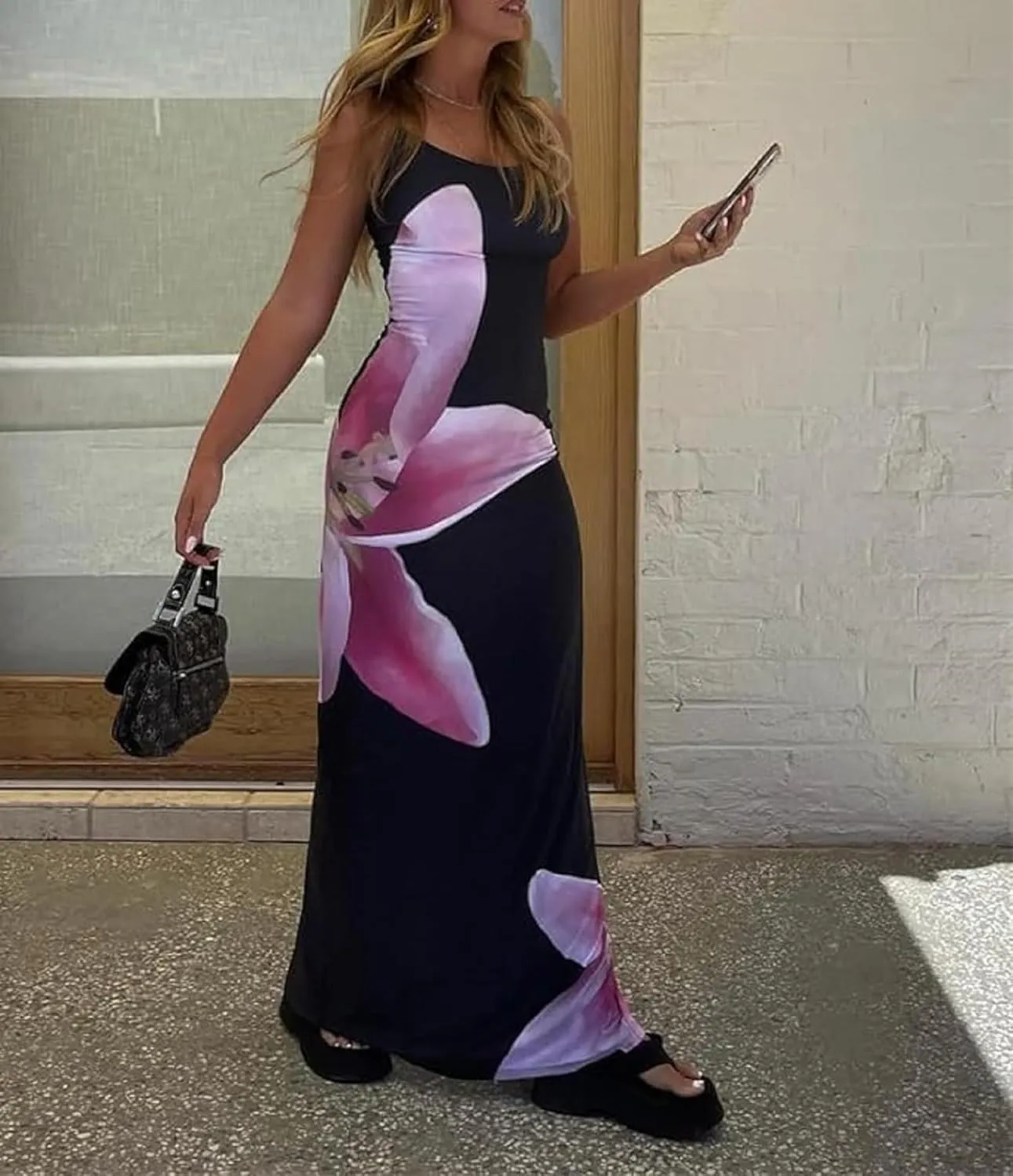 Women Y2k Floral Bodycon Maxi Dress Flower Print Spaghetti Strap Slip Dress Backless Sleeveless Slim Long Dress