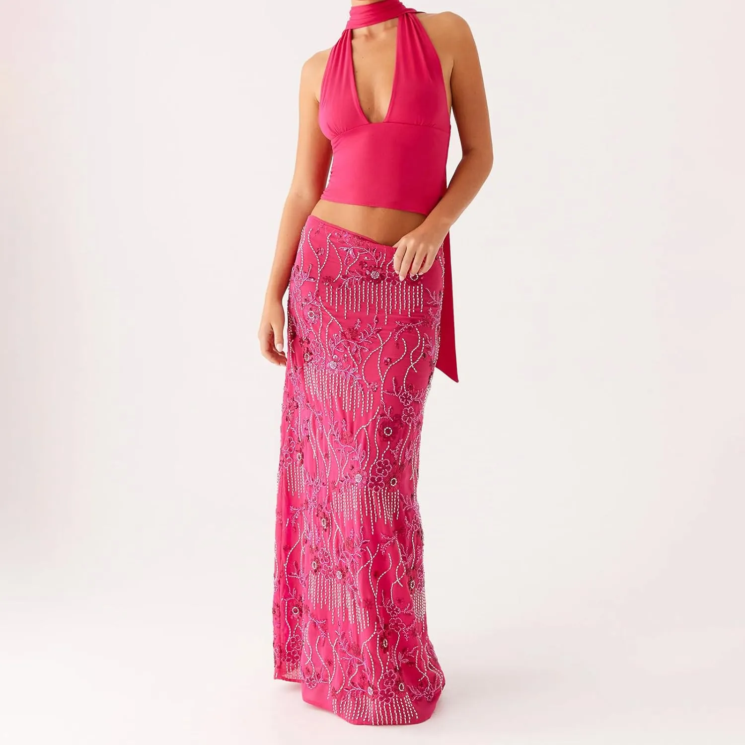 Women Y2k Sequin Long Skirt Bead Floral Embroidery Maxi Skirt Low Waist Rhinestone Glitter Bodycon Club Skirt