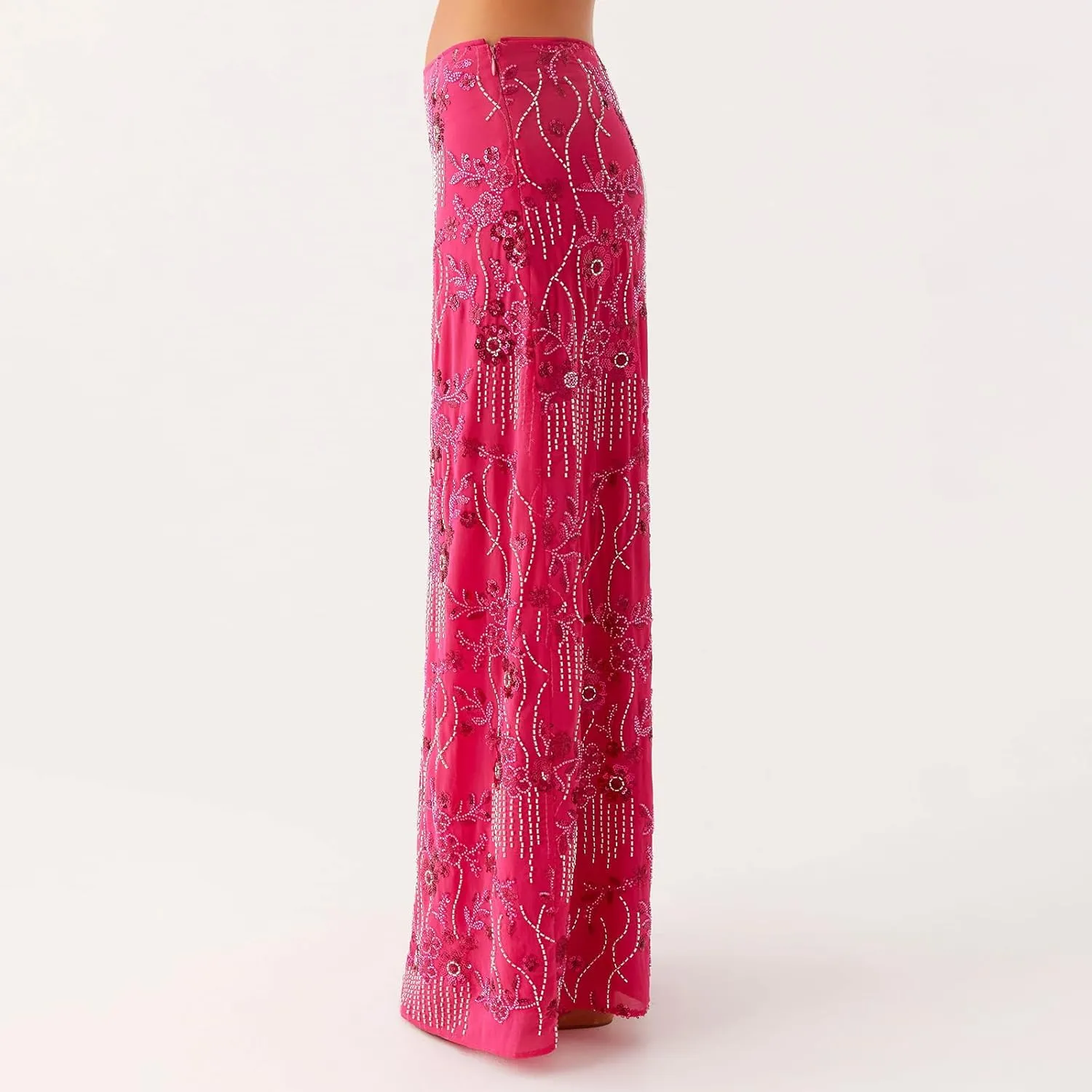 Women Y2k Sequin Long Skirt Bead Floral Embroidery Maxi Skirt Low Waist Rhinestone Glitter Bodycon Club Skirt