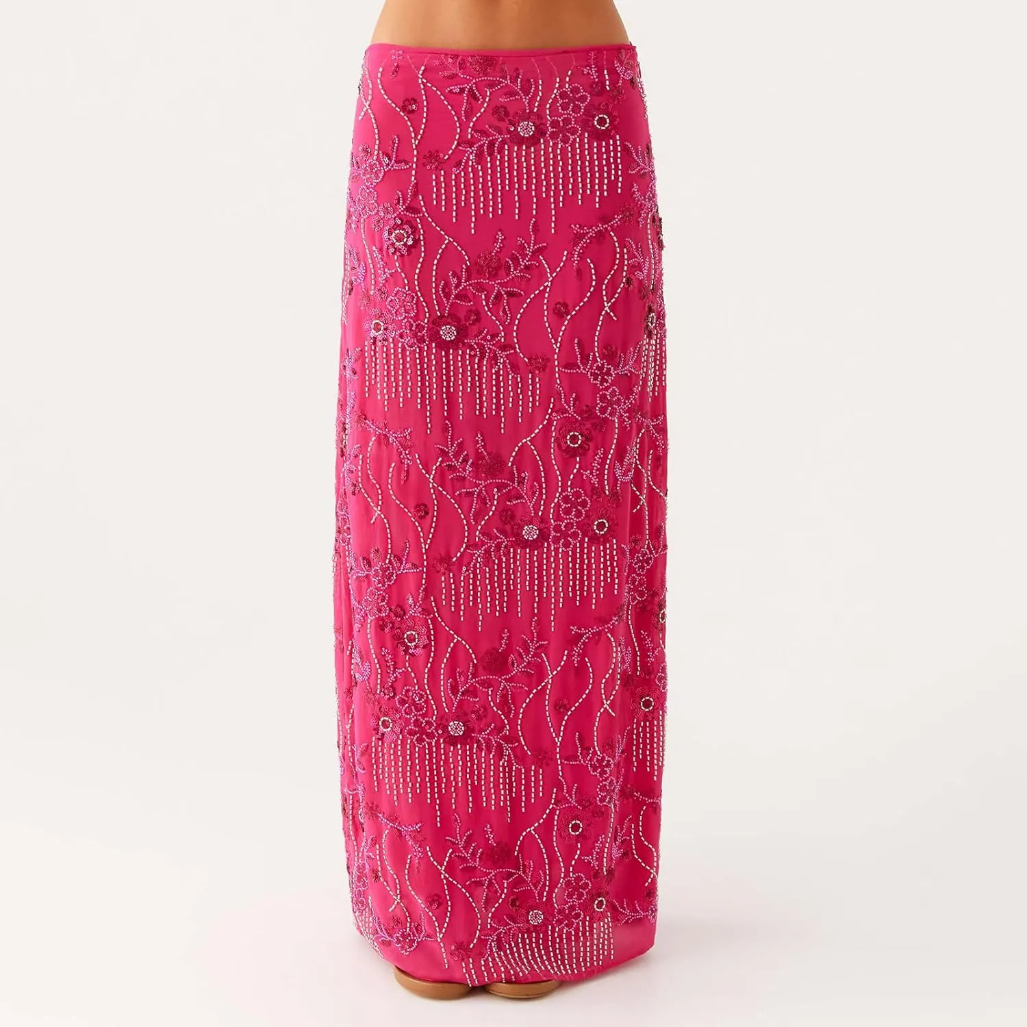 Women Y2k Sequin Long Skirt Bead Floral Embroidery Maxi Skirt Low Waist Rhinestone Glitter Bodycon Club Skirt