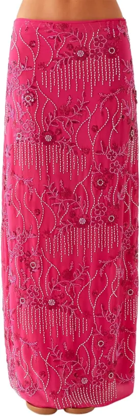Women Y2k Sequin Long Skirt Bead Floral Embroidery Maxi Skirt Low Waist Rhinestone Glitter Bodycon Club Skirt