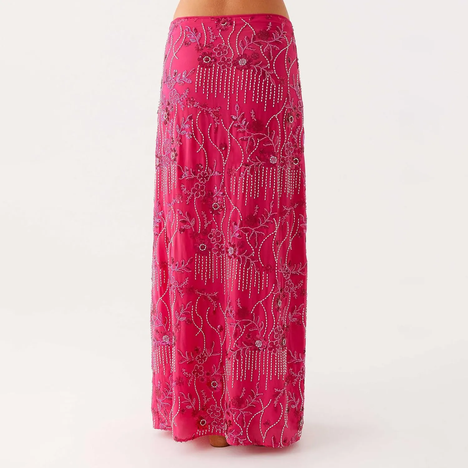 Women Y2k Sequin Long Skirt Bead Floral Embroidery Maxi Skirt Low Waist Rhinestone Glitter Bodycon Club Skirt
