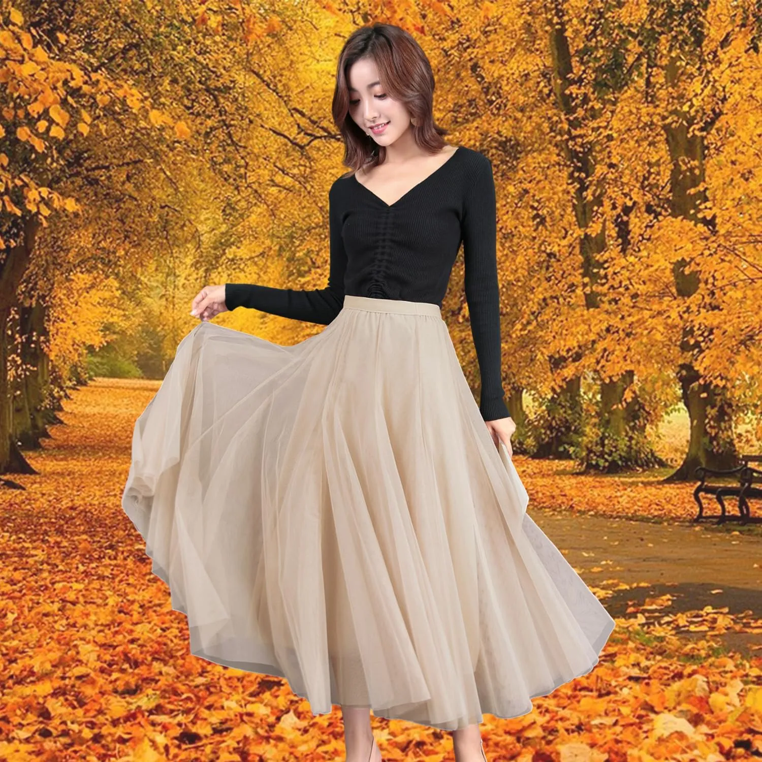 Women's A-line Tulle Skirts Elastic High Waist Skirt Lined Flowy Midi Lace Long Pleated Mesh Skirt, One Size M to L