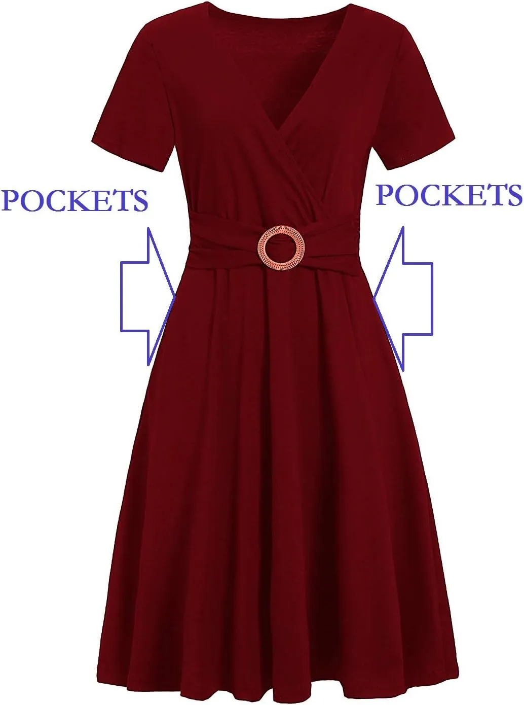 Women's Elegant Criss-Cross V Neck Vintage Short Sleeve Work Casual Fit and Flare Tea Dress with Pockets 980