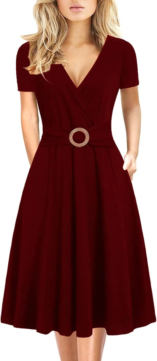 Women's Elegant Criss-Cross V Neck Vintage Short Sleeve Work Casual Fit and Flare Tea Dress with Pockets 980