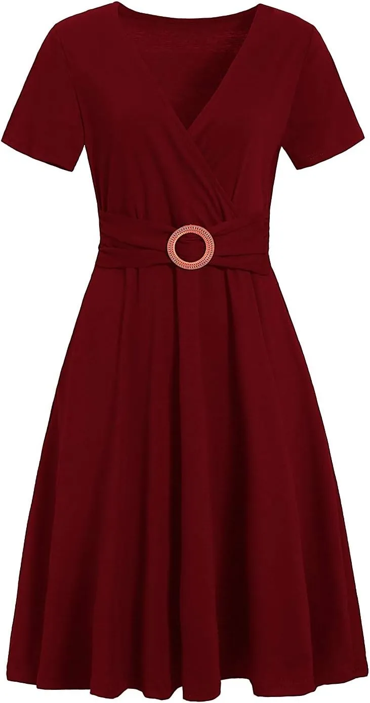 Women's Elegant Criss-Cross V Neck Vintage Short Sleeve Work Casual Fit and Flare Tea Dress with Pockets 980
