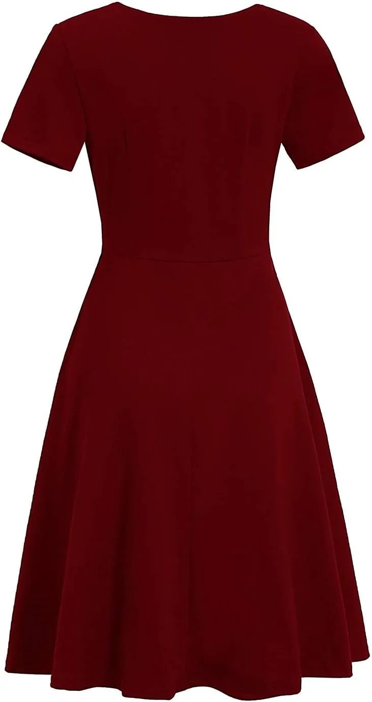 Women's Elegant Criss-Cross V Neck Vintage Short Sleeve Work Casual Fit and Flare Tea Dress with Pockets 980