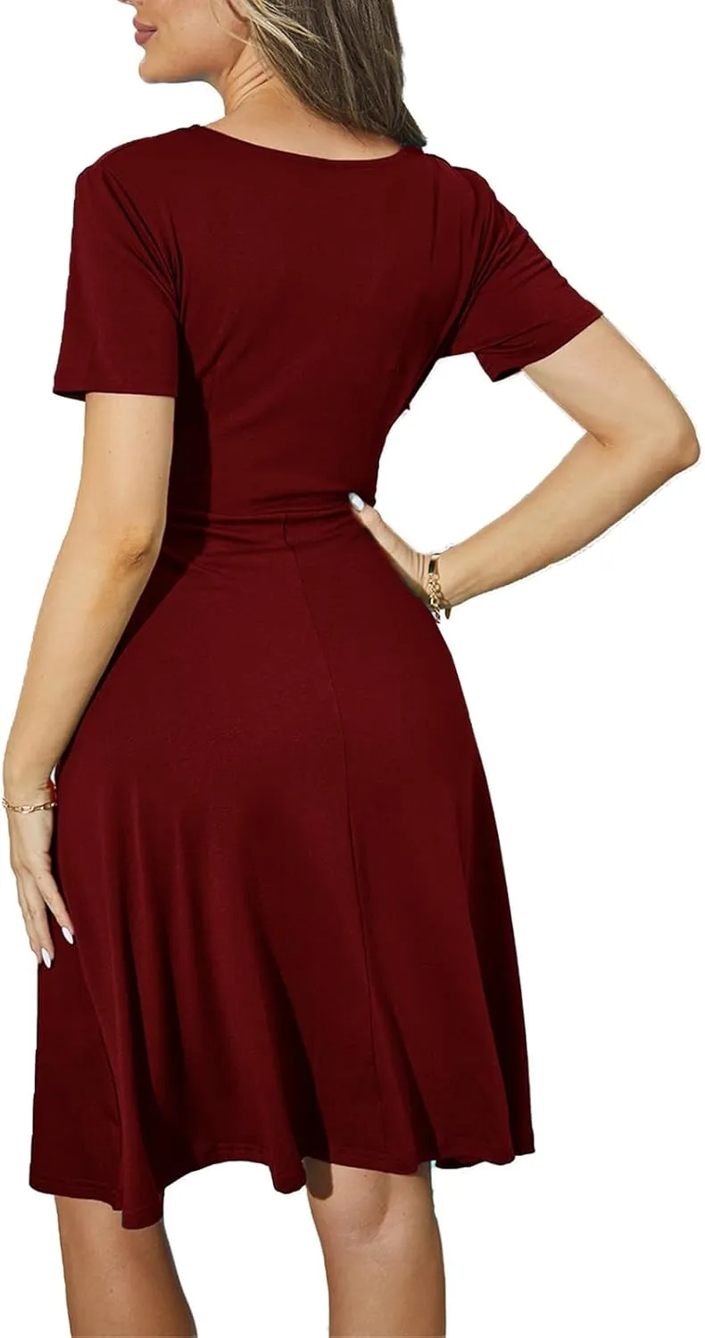 Women's Elegant Criss-Cross V Neck Vintage Short Sleeve Work Casual Fit and Flare Tea Dress with Pockets 980