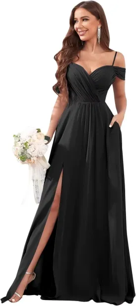 Women's Off The Shoulder Bridesmaid Dresses with Pockets Long Chiffon Wedding Guest Dress with Slit