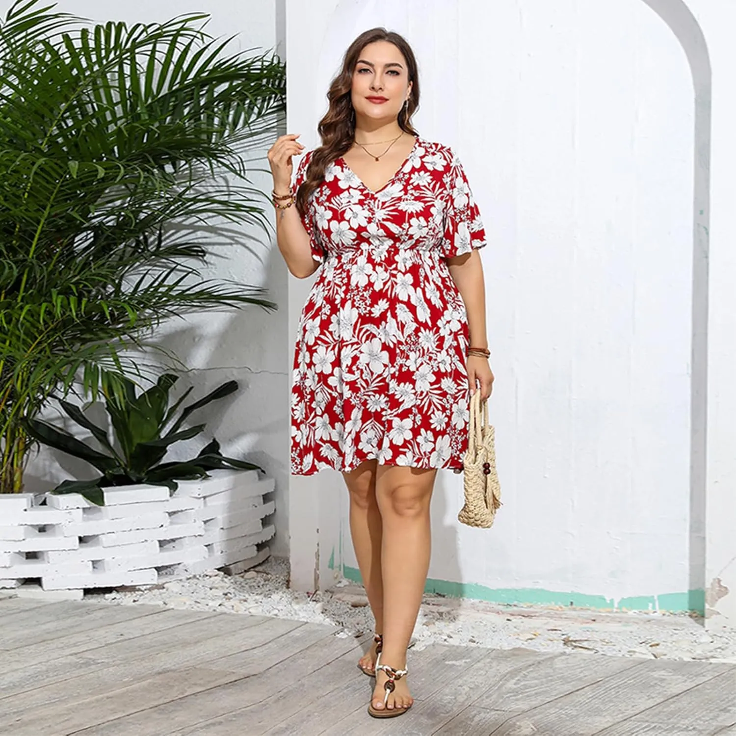 Women's Summer Plus Size Floral Dress for Curvy Women Short V Neck Wrap Dresses with Empire Waist and Short-Sleeve