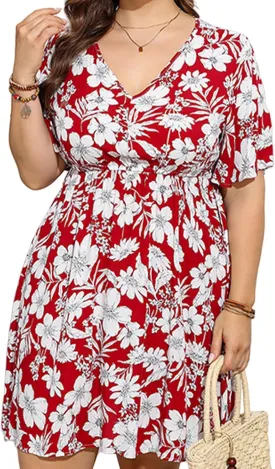 Women's Summer Plus Size Floral Dress for Curvy Women Short V Neck Wrap Dresses with Empire Waist and Short-Sleeve
