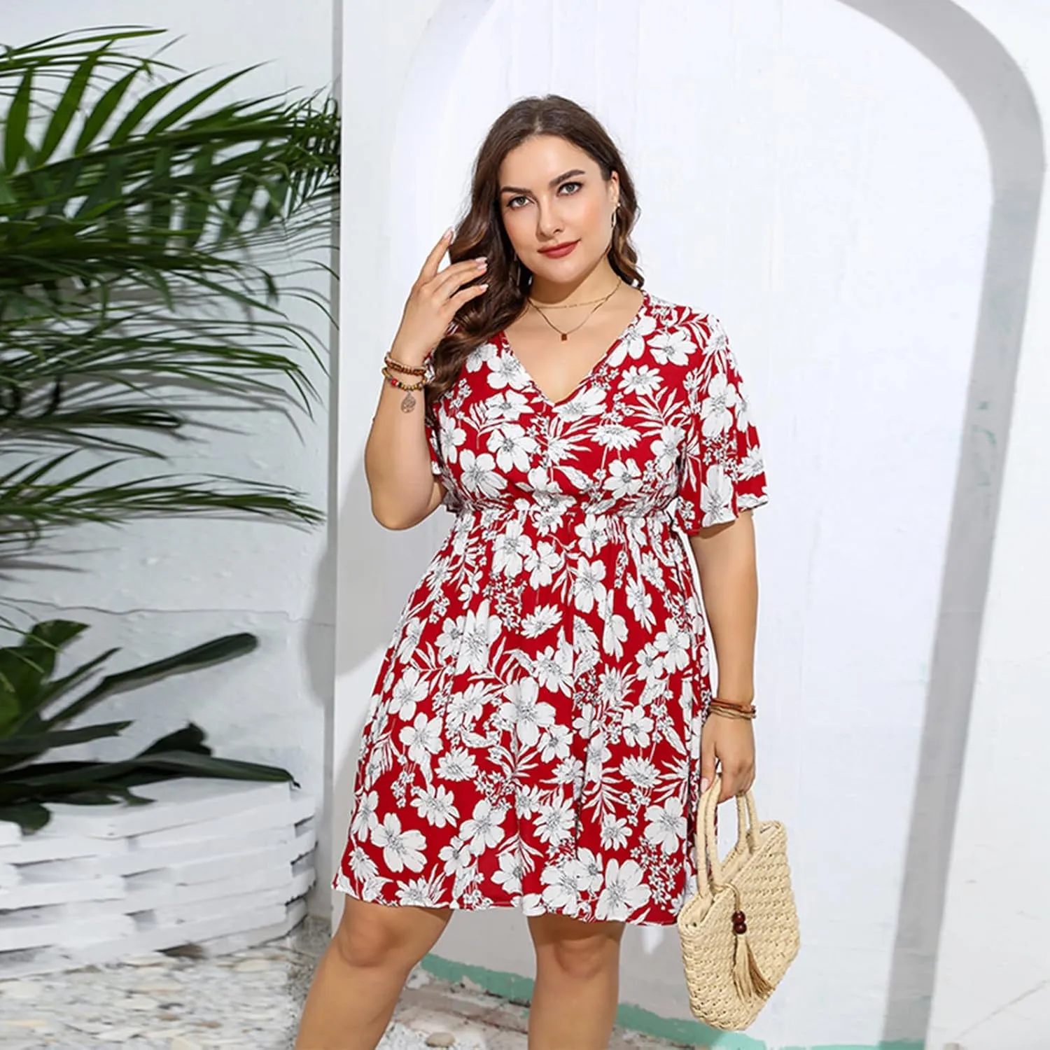Women's Summer Plus Size Floral Dress for Curvy Women Short V Neck Wrap Dresses with Empire Waist and Short-Sleeve