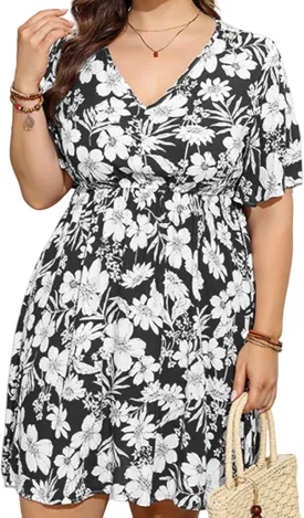 Women's Summer Plus Size Floral Dress for Curvy Women Short V Neck Wrap Dresses with Empire Waist and Short-Sleeve