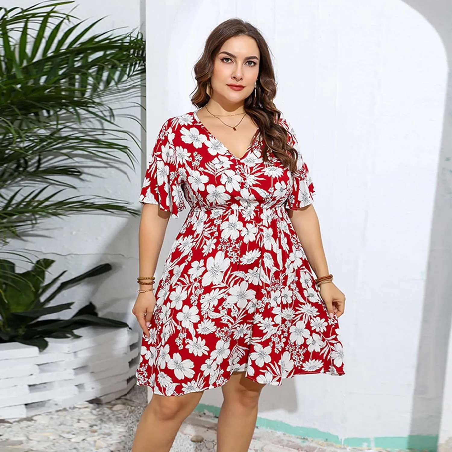 Women's Summer Plus Size Floral Dress for Curvy Women Short V Neck Wrap Dresses with Empire Waist and Short-Sleeve