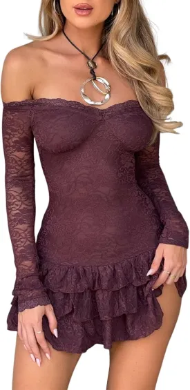 Women's Y2k Off Shoulder Lace Mini Dress Sexy Long Sleeve Club Party Cocktail Elegant Dress Boat Neck Bodycon Dress